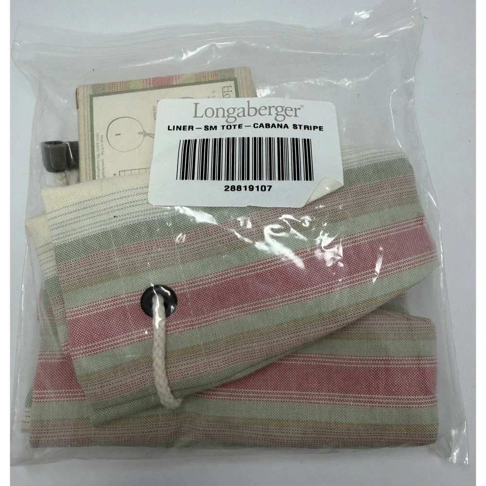 Longaberger Small Tote Liner Cabana Strip with Sand Dollar Tie-On